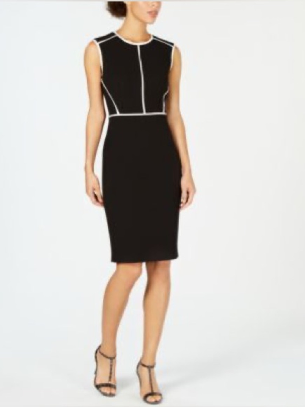 Calvin Klein Black Midi Sheath Dress Sz 2 White Piping Office Meeting Party Chic